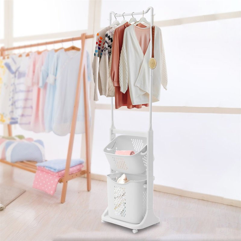 2-Tier Rolling Laundry Hamper with Hanging Rod, Space-Saving Clothes Organizer Cart with Wheels