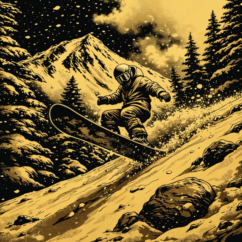 Coussins décoratifs Snowboarder On Mountain, 14 X 14 pouces, Or foncé noir
