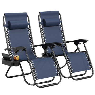 Ensemble de 2 chaises longues de patio sans poids - Fauteuils inclinables et pliables portatifs avec plateau réglable et porte-gobelet - Siège d'extérieur pour terrasse, terrasse, plage, bleu marine (une boîte, deux pièces)