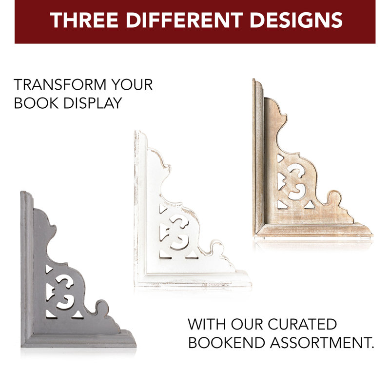 Distressed White Carved Wood Renaissance Bookends Set