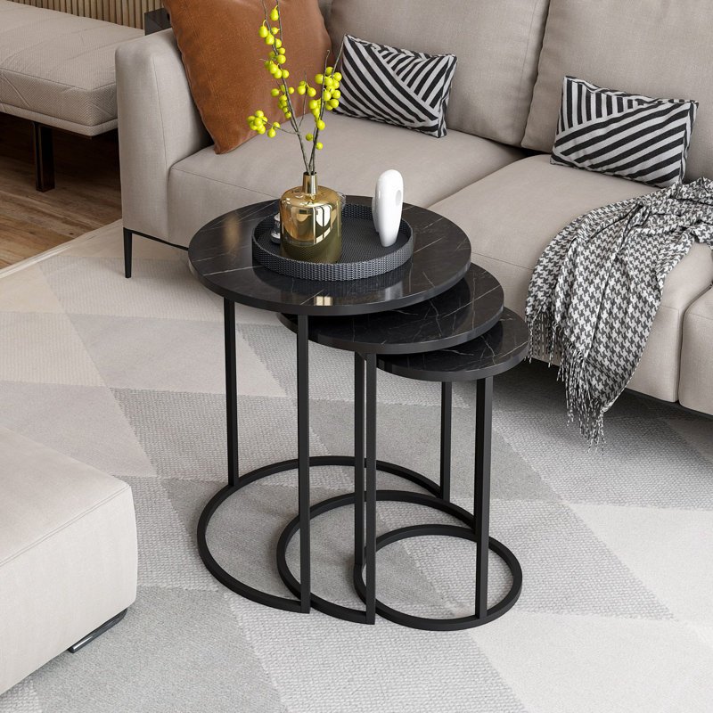 Modern Black Nesting Table Set (3 Pieces), 19.7 x 22.8 x 19.7 in, 15.7 x 20.5 x 15.7 in, 11.8 x 18.9 x 11.8 in | 100% Melamine Coated Particle Board, Metal Frame | Stylish Industrial Design for Living Room, Office & Home Decor