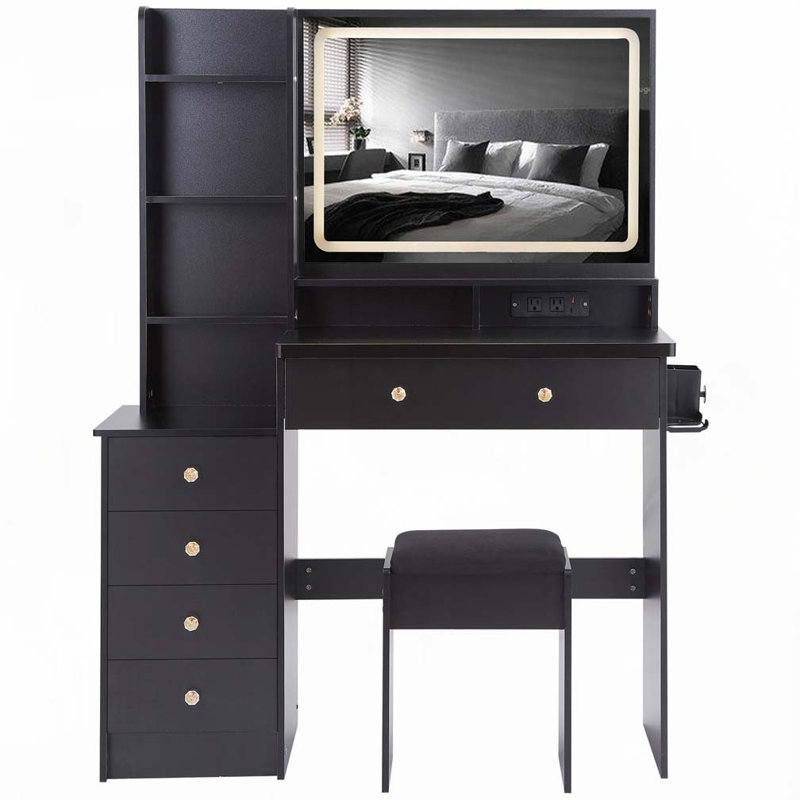 Ensemble de meuble-lavabo de 41 po avec commode gauche de grande taille + ensemble de commode avec tabouret rembourré, 2 centrales AC + 2 USB, support pour séchoir à cheveux, très grand miroir à DEL tactile, interrupteur 3 couleurs, EPA, GCC, certificat UL