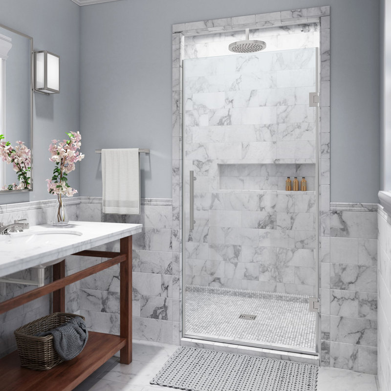 Kinkade 31.75" - 32.25" W x 72" H Hinged Frameless Shower Door, Stainless Steel