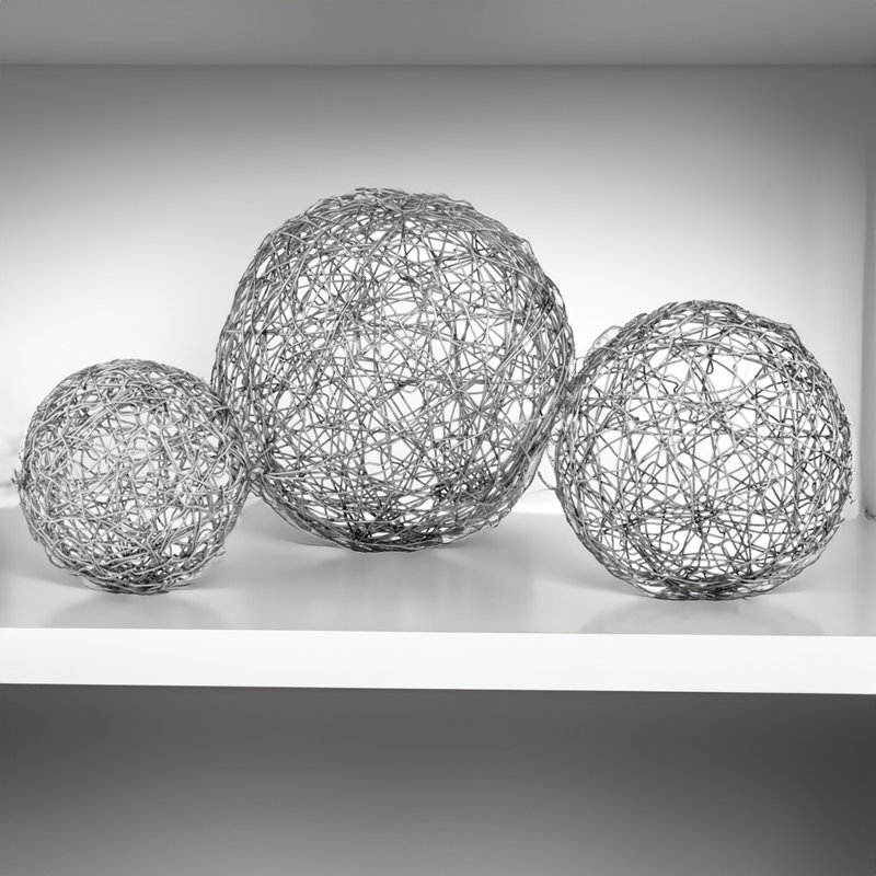 Yadelis Guita Gold Wire Spheres/3"D - Box of 3, 3" H x 3" W x 3" D, Sliver