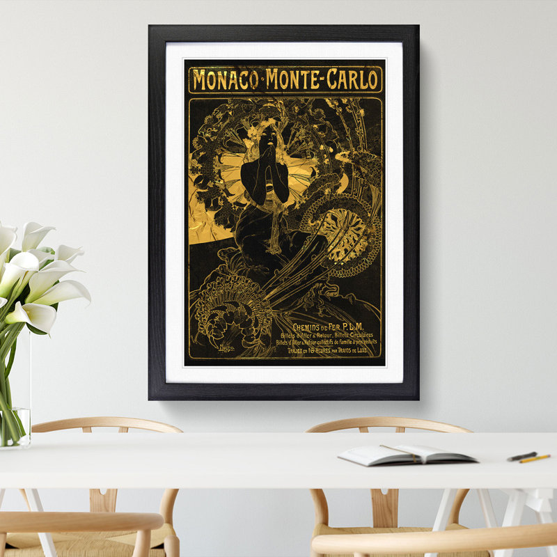 Monaco Monte Carlo by Alphonse Mucha - Picture Frame Graphic Art, 90cm H x 65cm W x 2cm D, Black Framed
