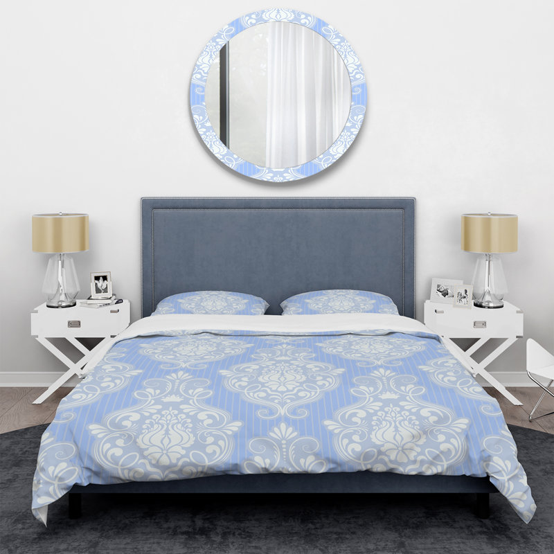 Damas bleu et blanc - ensemble de housse de couette abstrait - microfibre de polyester