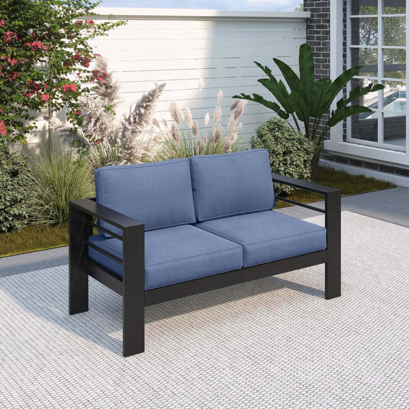 Causeuse en aluminium antirouille avec coussins bleus épais, Coussin bleu / cadre noir