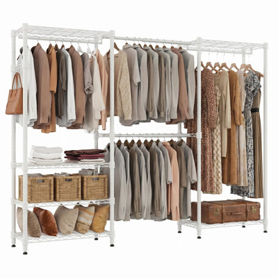 69" - 90.2" Expandable Clothes Rack, Heavy Duty Garment Rack For Hanging Clothes, Industrial Clothing Racks With Adjustable Shelves, 4 Hooks, 4 Hanging Rods, Freestanding Closet Organizer