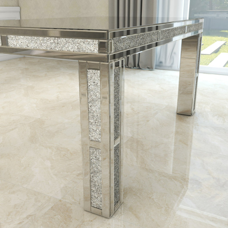 Table de salle à manger 51.18 "en verre à miroir avec 4 pieds et incrustation de diamant concassé