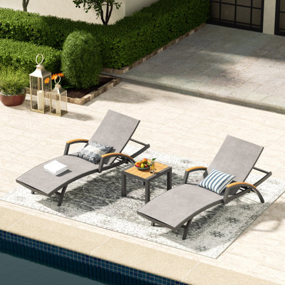 Chambray Patio Aluminum Chaise Lounge Chairs With Phifertex Sling Fabric And Teak Top Side Table