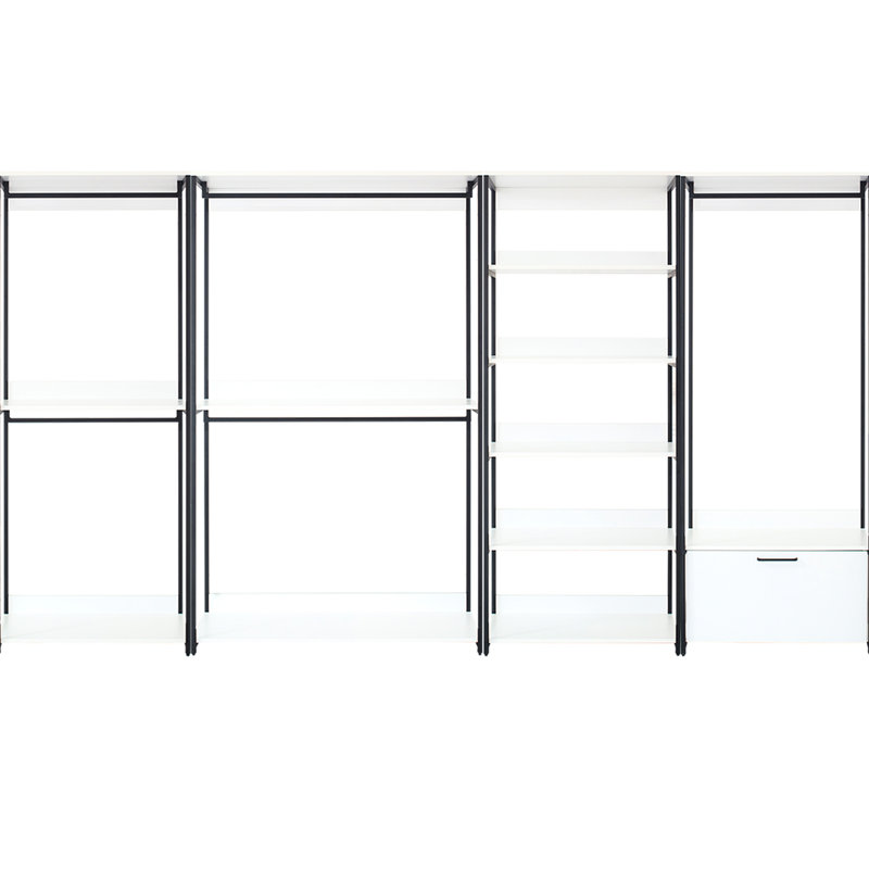 Penderie blanche avec cadre en métal - espace de rangement très profond, métal thermolaqué rouille, chaleur et eau, surface de teinture Scratch, panneau E0, double épaisseur, confectionné, conception modulaire autoportante