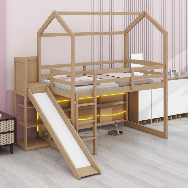 Wood House Loft Bed With Slide, Storage Shelves And Light, Climbing Ramp, Wood