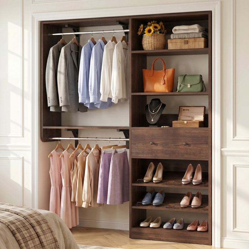 Riobe 28.3'' - 59.8'' W Closet System with Wooden Drawer and Hanging Rods(Cut to Fit), Black Walnut
