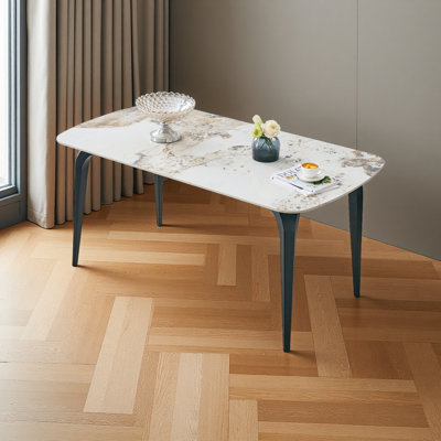 Modern Rectangular Dining Table, Premium Sintered Stone Tabletop with Sturdy Metal Base, Heat-Resistant & Scratch-Resistant Kitchen and Dining Room Table