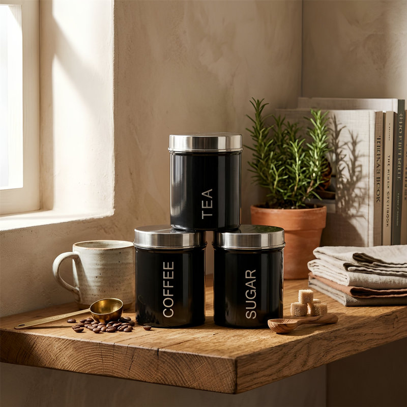 Harbour Housewares - Round Metal Kitchen Tea Coffee Sugar Canisters, Black