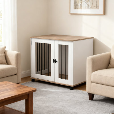 1 caisse pour chien brun / blanc noyer avec fonction table d'appoint | Conception à grain de bois, garde-corps en acier, pieds réglables | L 28,75 po x l 23,5 po x H 26,75 po, petits / moyens chiens jusqu'à 33 lb
