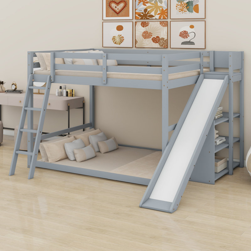 Lit superposé avec échelle, glissade et tablettes, Gris