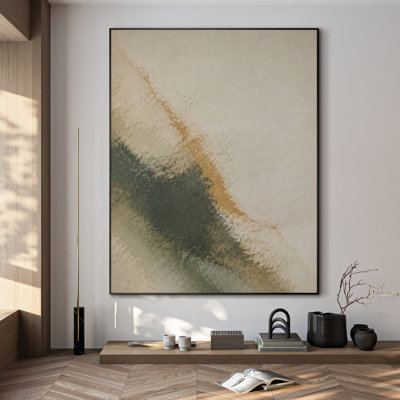 Extra Large Wall Art Fabric Print - Soft Abstract Landscape with Sage Green and Gold Highlights for Living Room or Bedroom - "Frame Assembly Required (Unfinished Frame)"