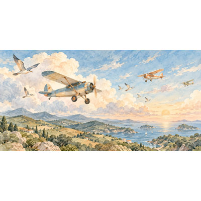 Sky Expedition Wallpaper Mural, Peel and Stick Kids Room Wall Mural, Watercolor Airplane Sky Nursery Wallpaper