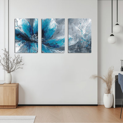 Abstrait fleur bleue sur toile tendue, ensemble de 3 reproductions de peintures à l'huile pour salon