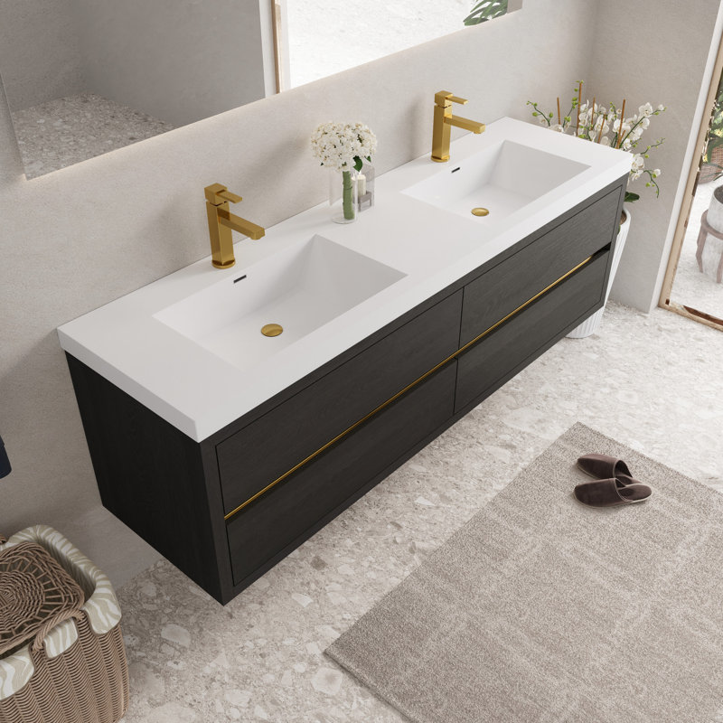 Meuble-lavabo flottant mural 72 po avec lavabo et comptoir en résine de pierre, tiroirs à fermeture en douceur, bois, pré-assemblé pour une installation parfaite, rangement pour cosmétiques organisé, faible absorption d'eau