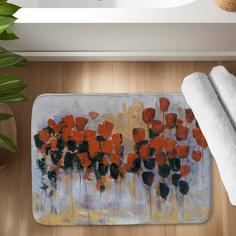 Red flowers field Bath Mat with Non-Slip Backing - Quick Dry Memory Foam Bathroom Rug - Absorbent - Modern Plush Spa-Style - Machine Washable