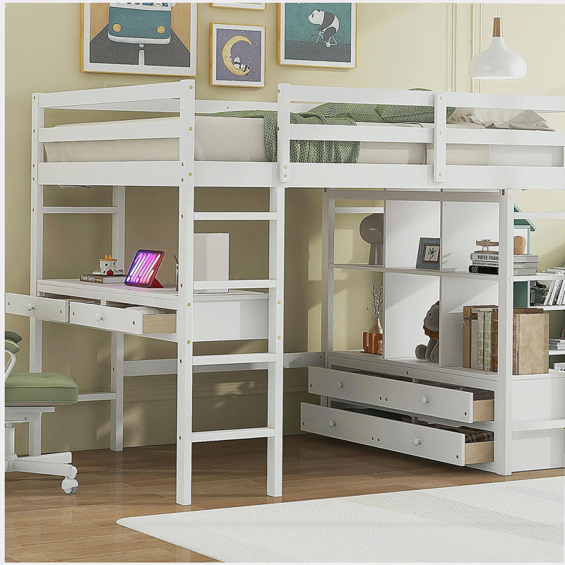 Lit mezzanine double avec deux tiroirs, tablettes de rangement et tiroirs