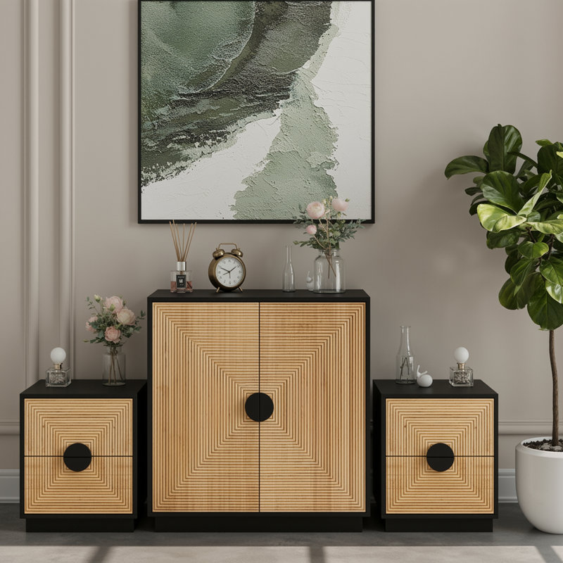 Ensemble de chambre à coucher 3 pièces, armoire d'appoint avec 2 portes et ensemble de table de chevet de 2 pièces