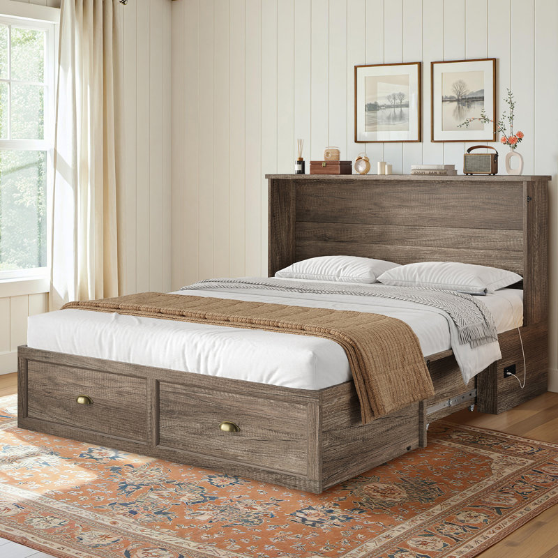 Grand lit escamotable Farmhouse avec station de charge et matelas pliable inclus, gris rustique, gris, Grand
