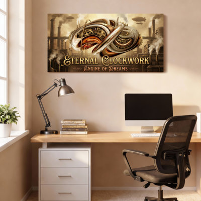 Eternal Clockwork Engine Of Dreams Steampunk Gear And Factory Scene Canvas Wrapped Wall Art Oil Painting Print Set Of 1