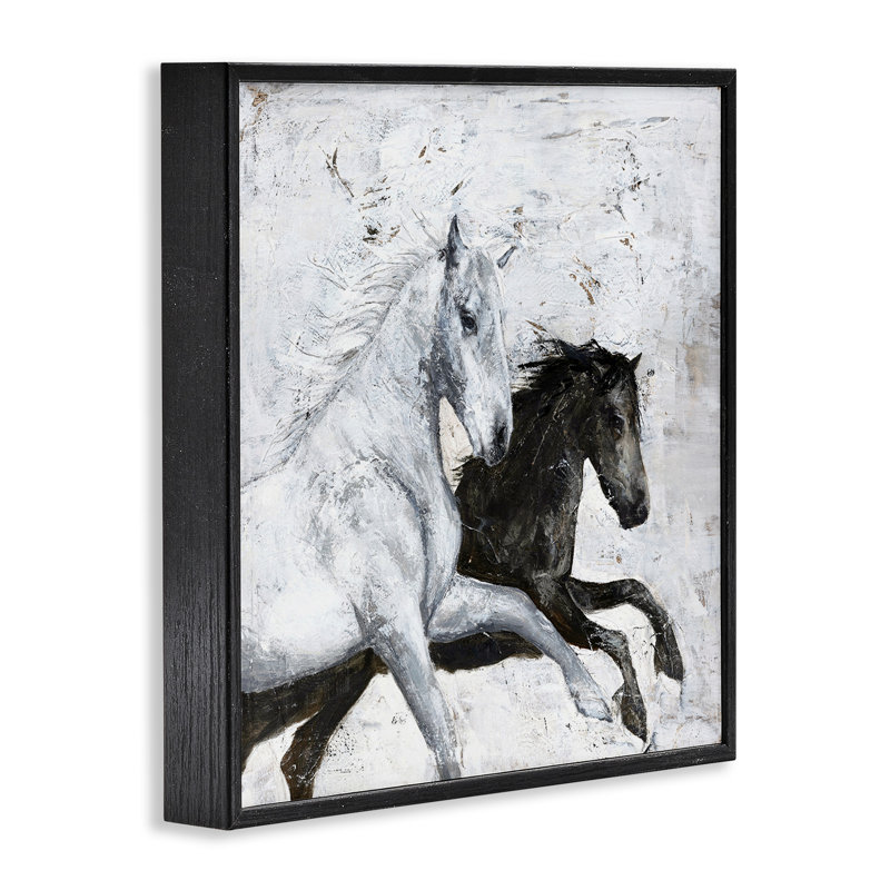 «Wild Horses Racing Rustic Abstract White» par Design Fabrikken - impression d'art graphique, Giclée encadrée noir minuit