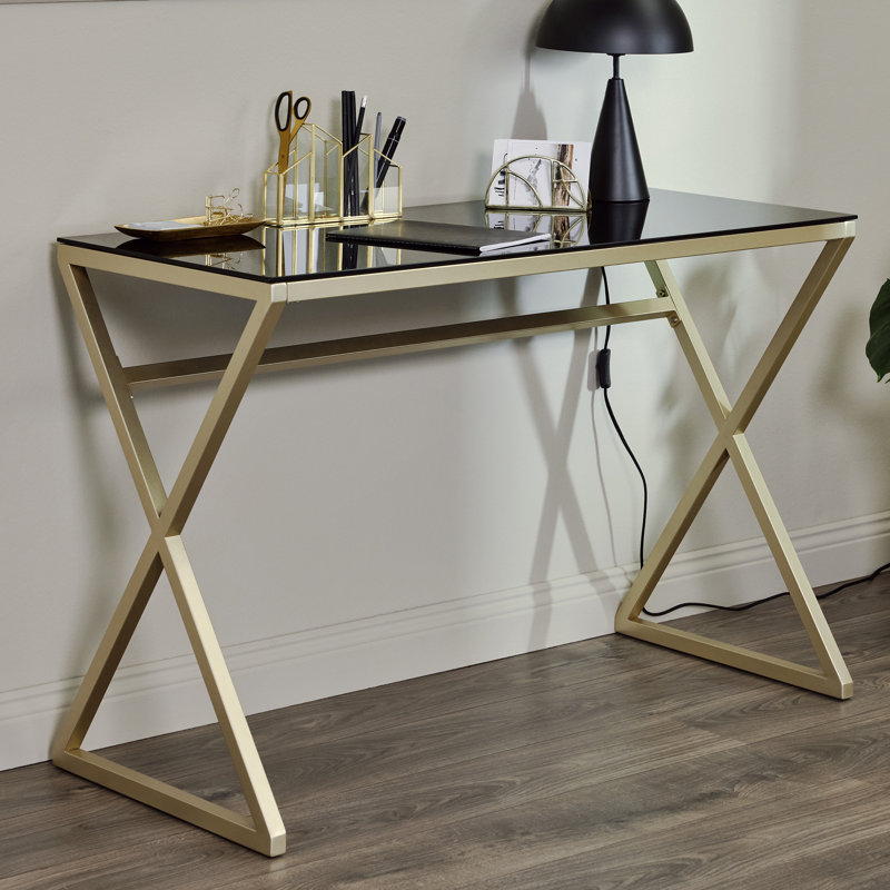Hematite Glass Top Metal Base Writing Desk, Gold, Black Glass