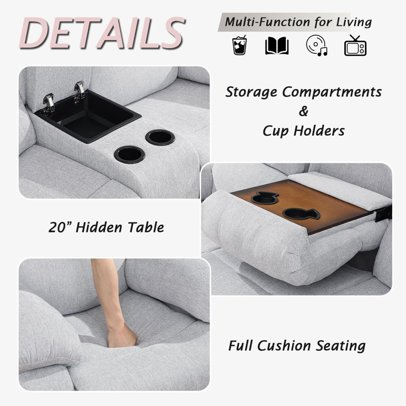 3-Piece Manual Reclining Living Room Sofa Set, Light Gray