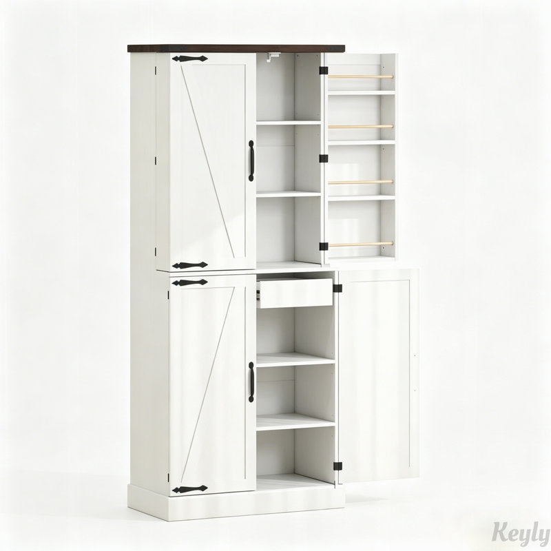 Armoire garde-manger de 72 pouces de hauteur avec portes de grange et supports de porte, Oak/White