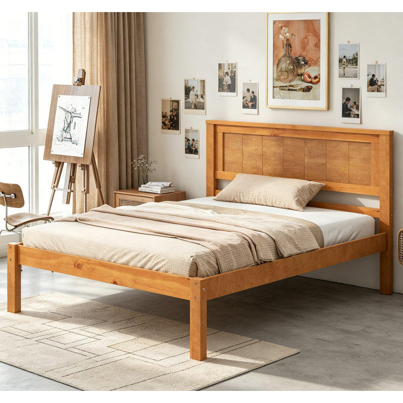 Élégant cadre de lit plateforme simple avec tête de lit, support en lattes de bois, aucun sommier nécessaire, Lit simple, Oak