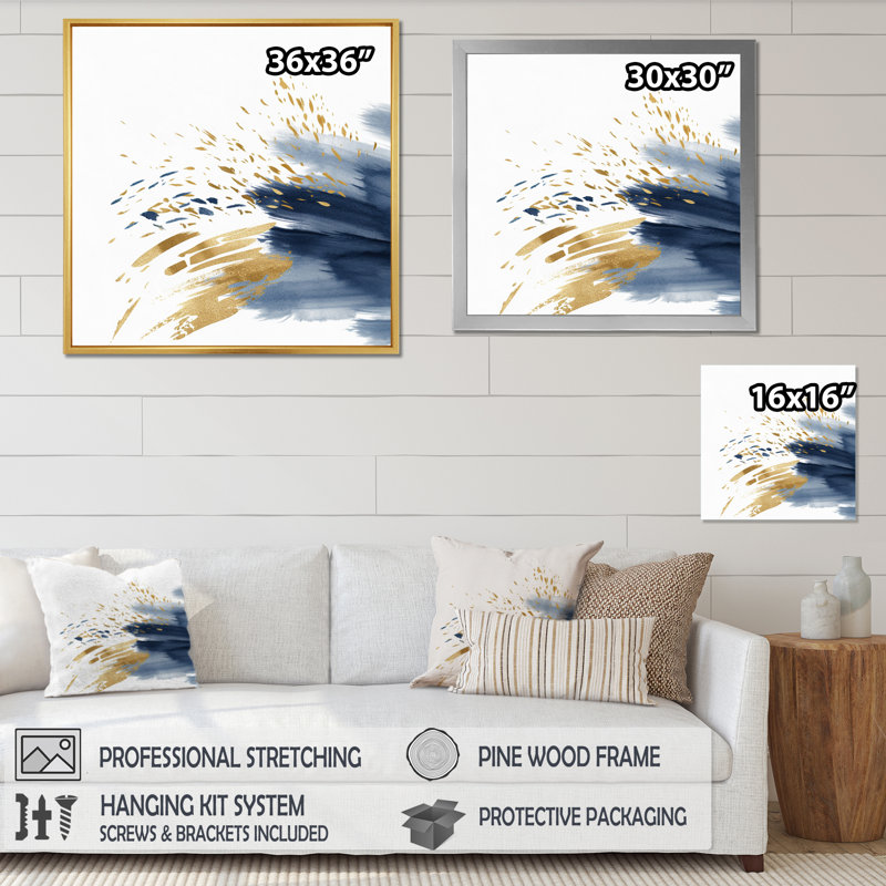 Bleu foncé et or abstrait VI, Toile tendue, H 24 po x l 24 po x P 1 po