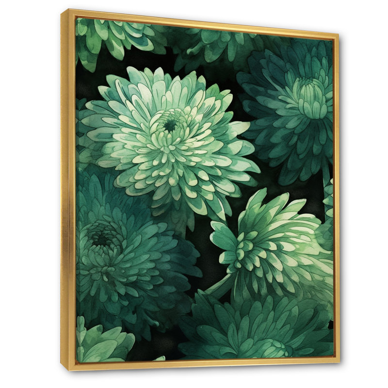 «Green Mums Blossoms» sur toile, H 40 po x l 30 po, Cadre flottant doré