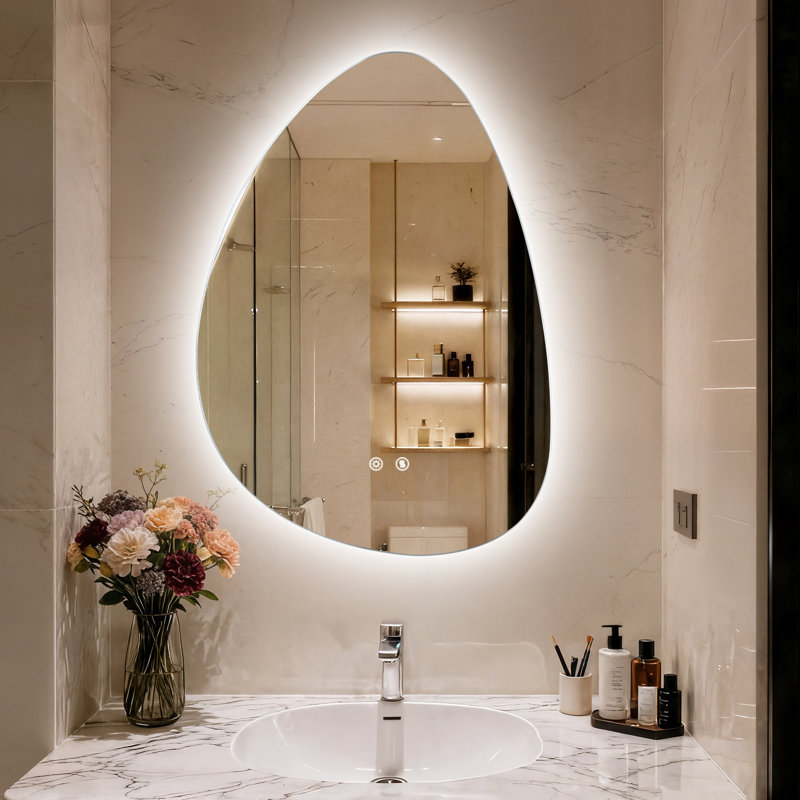 Asymmetrical Backlit Lighted Bathroom Mirror 3 Lighting Colors Defog 500X700Mm, 77 cm x 55 cm