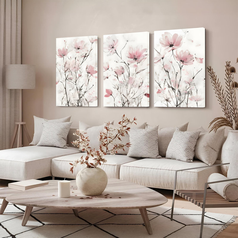 «Blush Floral», reproduction d'art sur toile tendue sur toile abstraite (ensemble de 3), H 18 po x l 36 po