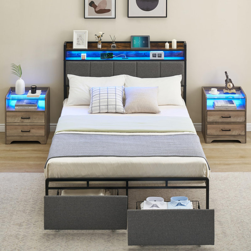 Lit plateforme tapissier avec rangement Chickering, Gris / brun, Double TG