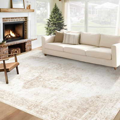 6' x 9' Washable Boho Medallion Area Rug, Vintage Distressed Non-Slip Low Pile Soft Indoor Carpet for Living Room Dining Room Home Office, Beige