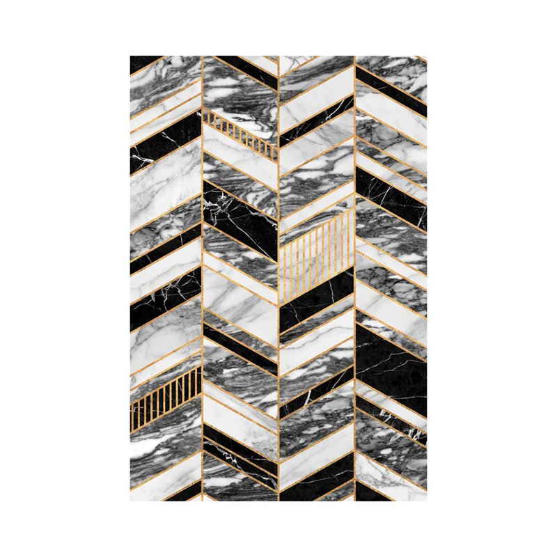 Motif abstrait à chevrons - marbre noir et blanc, H 40 po x l 26 po x P 1,5 po