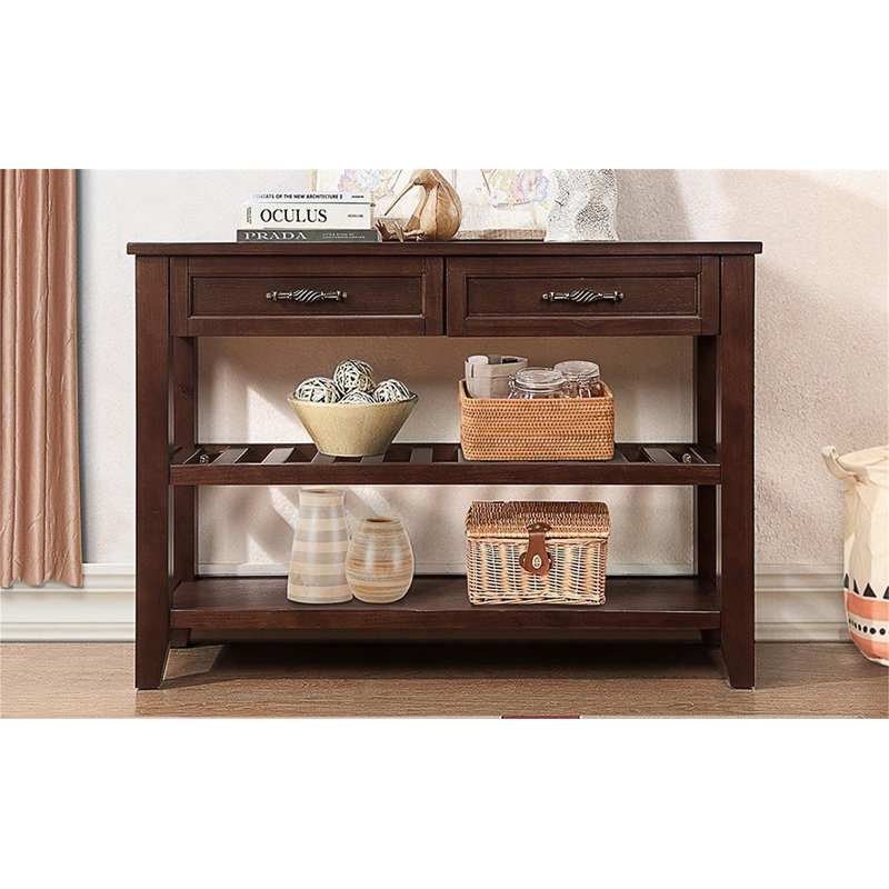 Console de 42 pouces avec deux tiroirs et deux tablettes à deux niveaux pour un rangement intelligent et une présentation élégante.