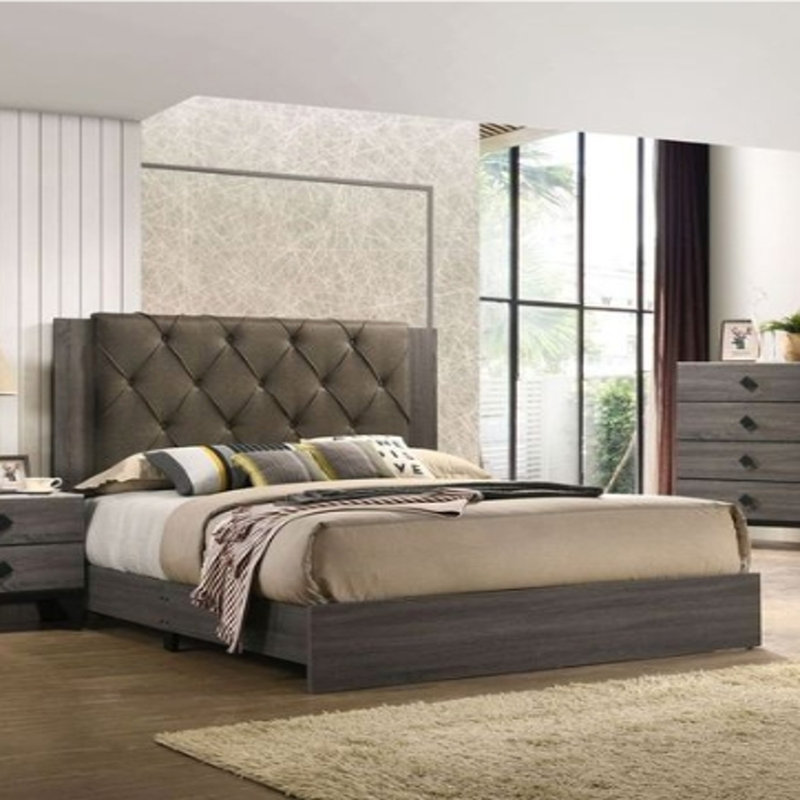 Lit EK avec tête de lit capitonnée et structure en bois robuste Avantika