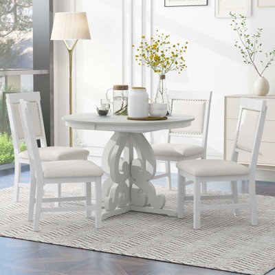 5-Piece Retro Functional Dining Set, 1 Extendable Table With A 16-Inch Leaf And 4 Upholstered Chairs For Dining Room And Kitchen (Walnut) -  August Grove®, 8BB3739AC2E844598413FC8A9B435F76