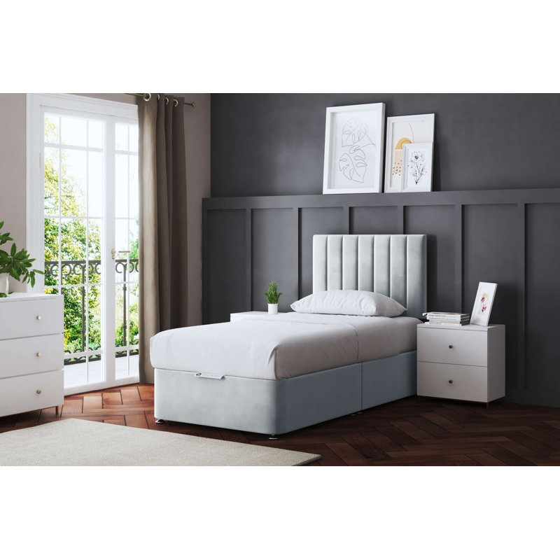  Upholstered Panel Divan Bed with Headboard, Small Single (2'6), Silver