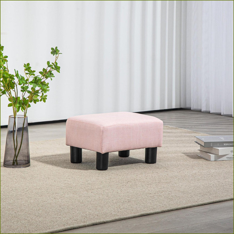 Ottoman Small Cube Foot Rest, Linen Fabric Pink Foot Stool for Living Room | Wood | Compact, Pink