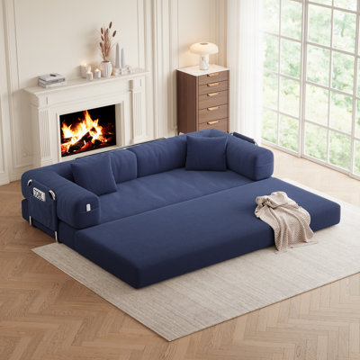 Lozena 78.7" Large 5 In 1 Sofa Bed Convertible, No Tools Assembly Sleeper Sofa, Modern Frameless Boneless Couch, Washable Corduroy Couch, Oversized For Small Space, 2 Pillows Included, Blue