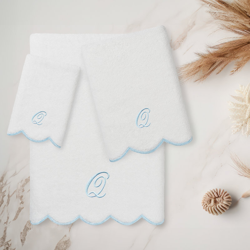  Ensemble de serviettes personnalisées 100% coton ADORNIA, Q, Blanc / Bleu, Ensemble 3 serviettes de bain