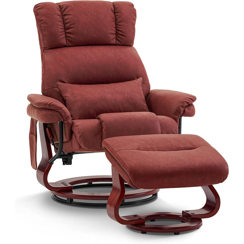Swivel Recliners with Ottoman, Reclining TV Chairs with Vibration, Faux Leather Lounge Chair, Burgundy Faux Leather
